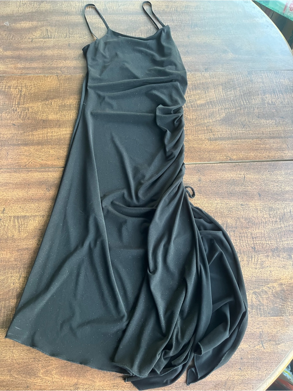 Vintage Y2K 579 Black Glitter Slip Dress Ruched Midi Goth Party Size 5 Fits Sm